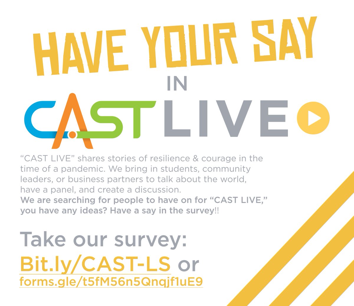 CASTLeadSA's tweet photo. Hello everybody! CAST LIVE is really fun and cool event series where stories of resilience and courage are shared! We want to hear from you about what you want to see more of on CAST LIVE. Please click the link and complete the survey to have your voice heard! #CASTLIVE https://t.co/W8n8QKCDLJ