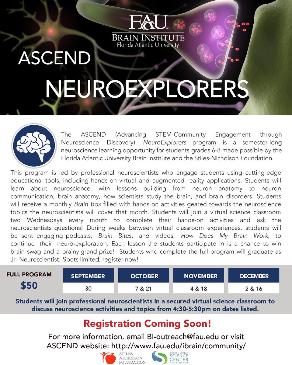 ascendneuro's tweet photo. Want to learn more about Neuroscience?! Look no further! Join professional neuroscientists from FAU, Scripps and Max Planck in these virtual, hands-on lessons about the brain!
First class is Sept 30th. Registration coming soon! https://t.co/7Rn9W3WM1R