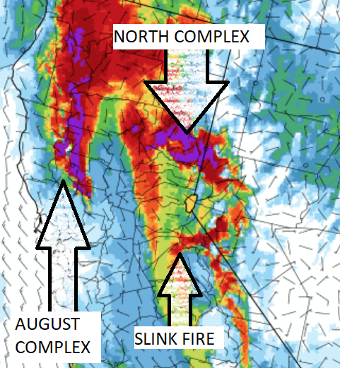 NNPHAQ's tweet image. There will be wildfire smoke this #LaborDayWeekend. We set the forecast to Unhealthy for Sensitive Groups for PM2.5 and ozone in Reno/Sparks. Below shows a model run from last night for this morning with the #NorthComplex, #SlinkFire, #AugustComplex plumes surrounding Lake Tahoe.