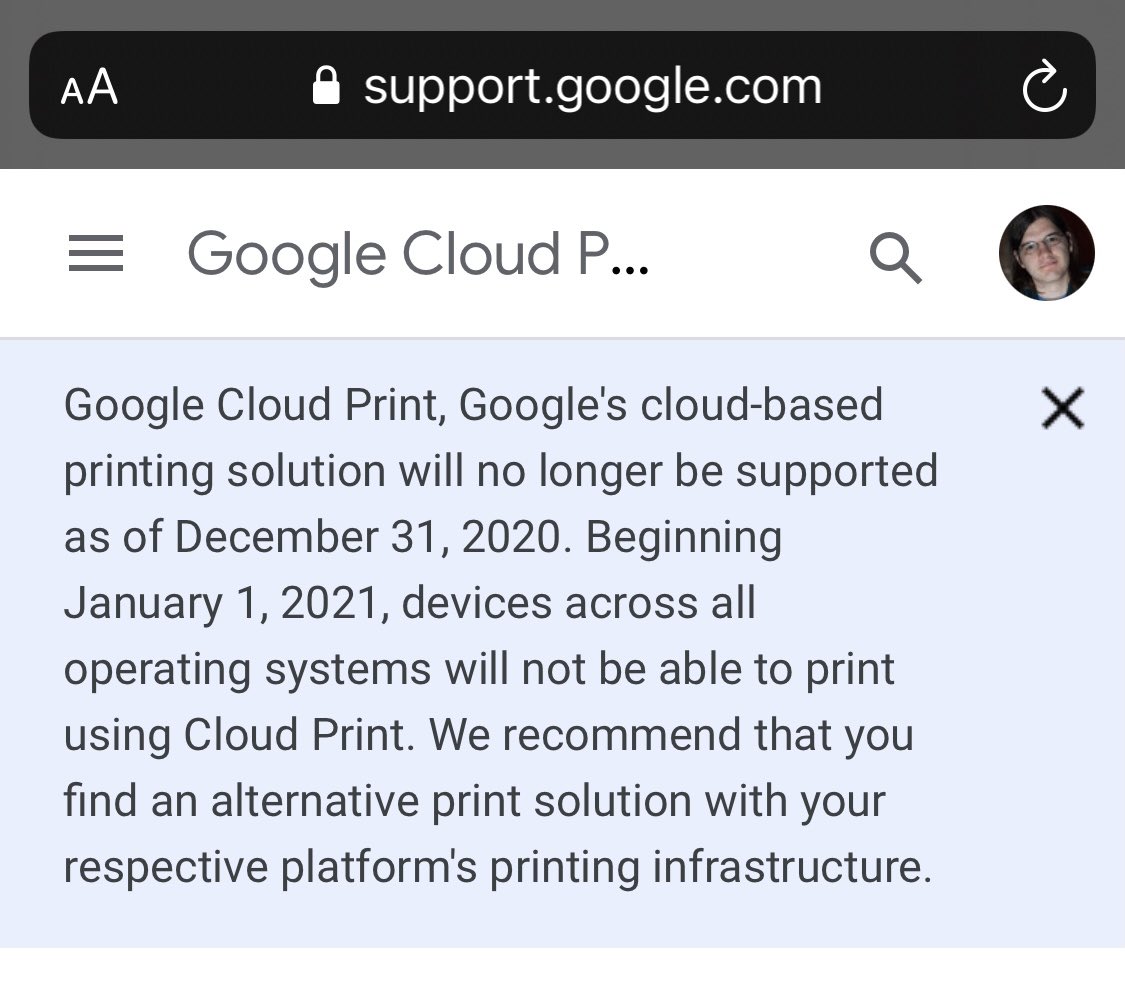 cloud printing no longer supported
