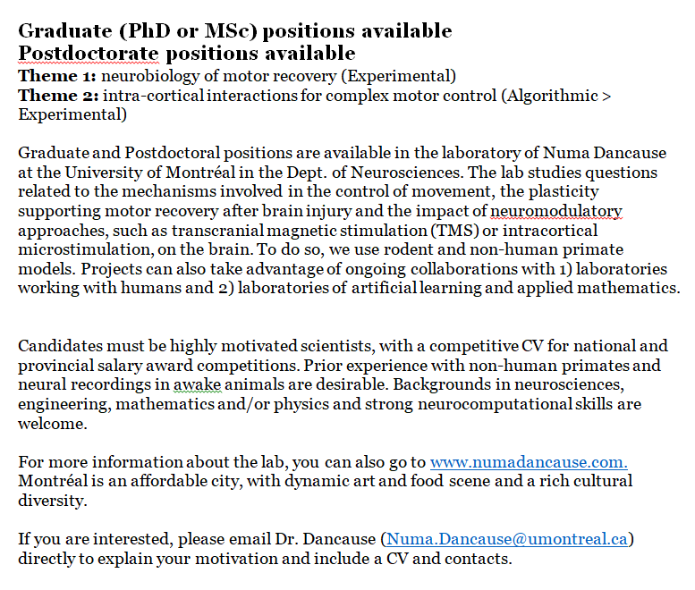 MarcoBonizzato's tweet photo. Come join our group on this new exciting projects. We will be designing neurostimulation for motor recovery.
Grad + Postdoc positions available in Numa Dancause's Lab.
Computational + Experimental (NHP) Themes available.

You can email Numa. I'm available on DM for informal chat https://t.co/z1DU6my8Ds