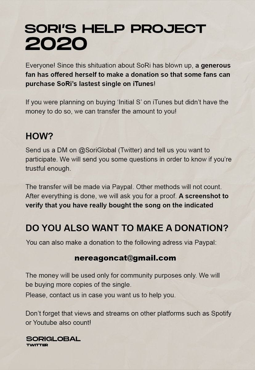 soriglobal's tweet photo. 🖤SORI'S HELP PROJECT 2020
Want to buy a copy of 'Initial S' on iTunes? We can transfer the amount to you!
Read the poster below!

Send us a DM!
Donations to: nereagoncat@gmail.com

#SORI #KIMSORI #소리 #김소리 https://t.co/AUVpvmyIxs