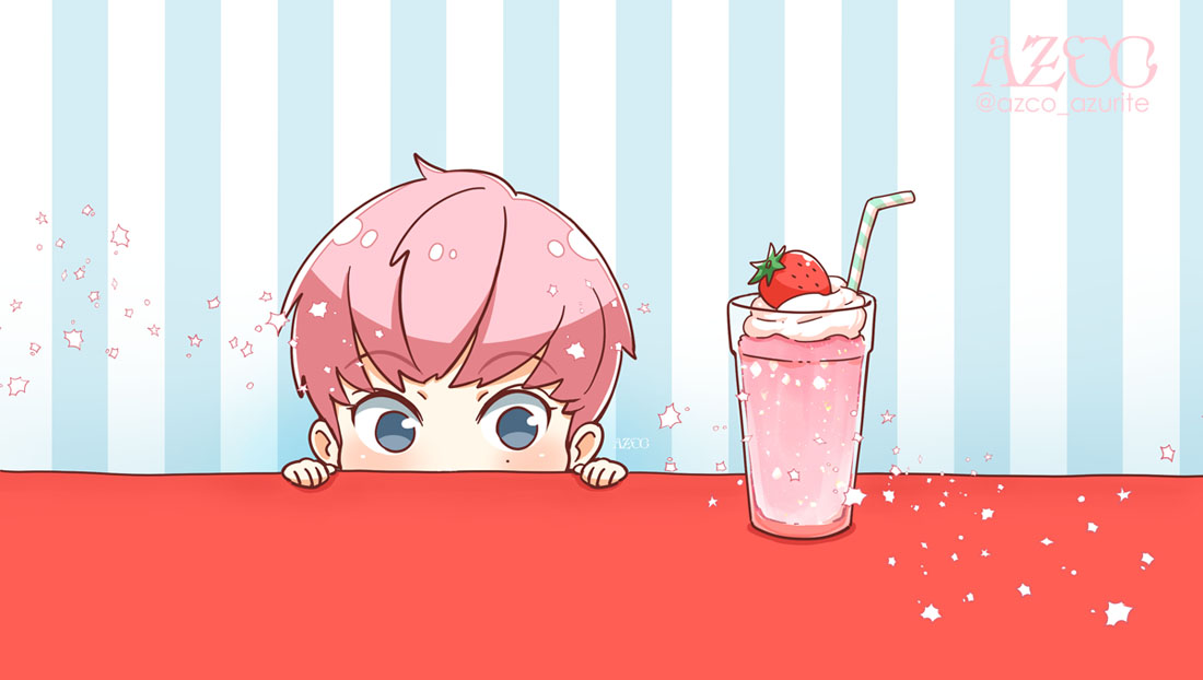 1girl solo pink hair blue eyes drinking straw animification short hair  illustration images