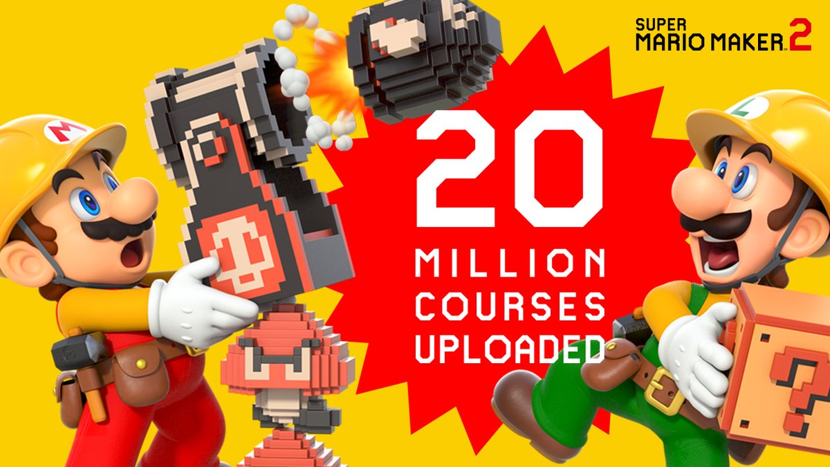 NintendoAmerica's tweet photo. Congrats #SuperMarioMaker2 players! Thanks to all of your creativity, over 20 million courses have now been uploaded to Course World for the world to enjoy! https://t.co/u5DgGe2hdC