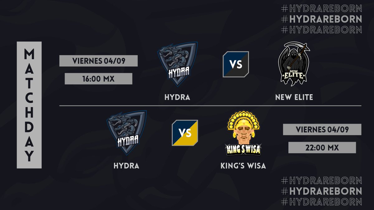 #CR | ¡MATCHDAY!

El día de hoy disputamos dos encuentros sumamente importantes para seguir avanzando en ambas competencias. Hoy la derrota no es una opción 🔥

🏆 | @UefaClash 
🆚 | <a href="/NewElitePR/">New Elite</a> 

🏆 | <a href="/BMG_League2/">BMG (Desde 🏡)</a> 
🆚 | @KingsWisaGG 

#HydraReborn