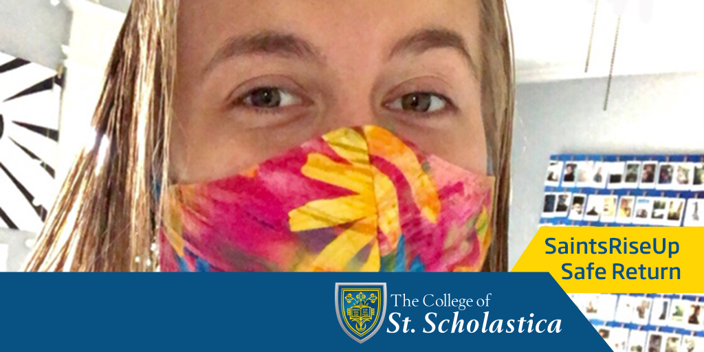 StScholastica's tweet photo. “It’s very important to do your part in keeping yourself and our community safe. Want to show off your favorite mask? Post your #SafeSaints selfie for us to share with everyone!” - Rachel Emery #SaintsRiseUp https://t.co/vQSTvcPrs2