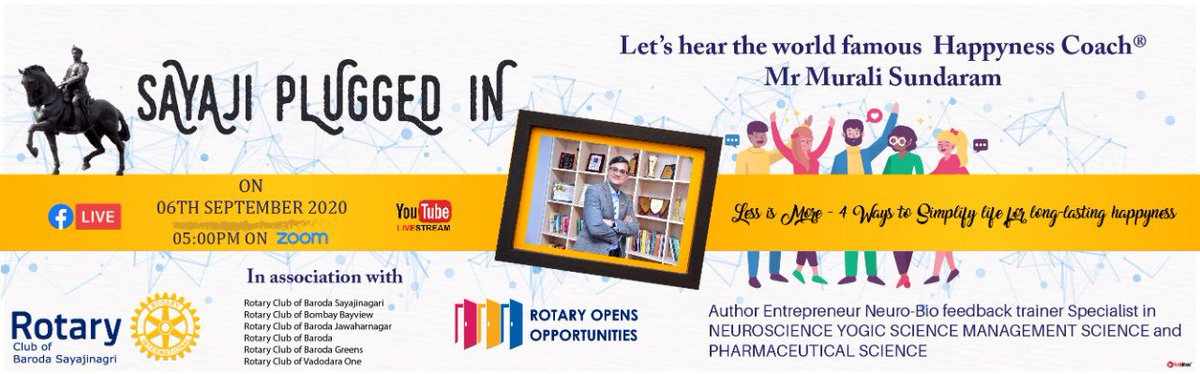 ClubBaroda's tweet photo. RCBS’s signature event! Plug in on this Sunday to listen to World class speaker Mr Murali Sundaram ! https://t.co/wizZoTL1oB