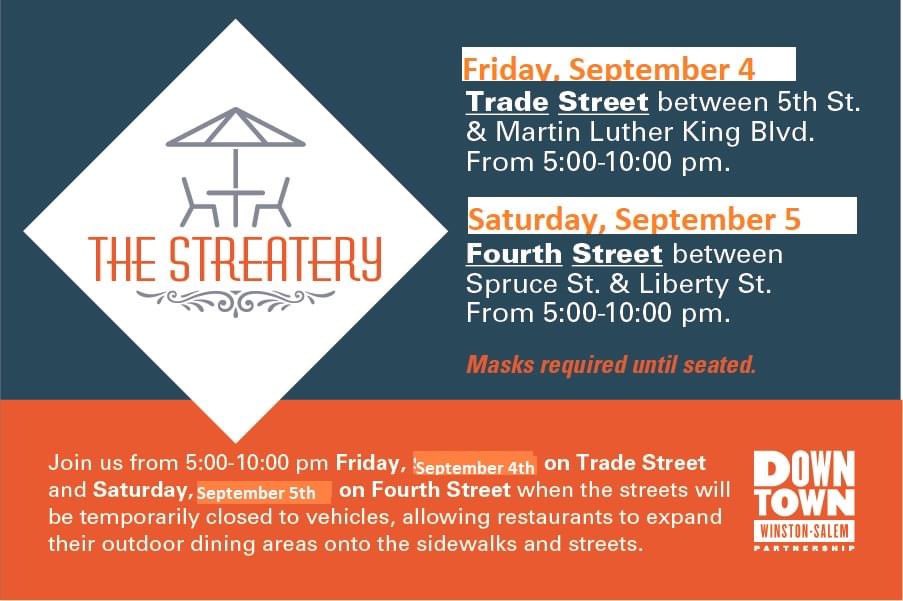 downtownWS's tweet image. Join us for The Streatery Friday, September 4th on Trade St. and Saturday, September 5th on 4th St.! #DTWS #FinditHere #TheStreatery 

Visit downtownws.com/the-streatery/ for all info and a list of participating businesses!