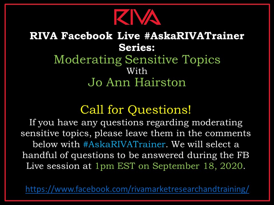 RIVAINC's tweet image. Sending out a #CallforQuestions for our next #AskaRIVATrainer event!
If you have any questions for Jo Ann regarding moderating sensitive topics, leave them below.
Don&apos;t forget to retweet to share with your friends.
See you there!
