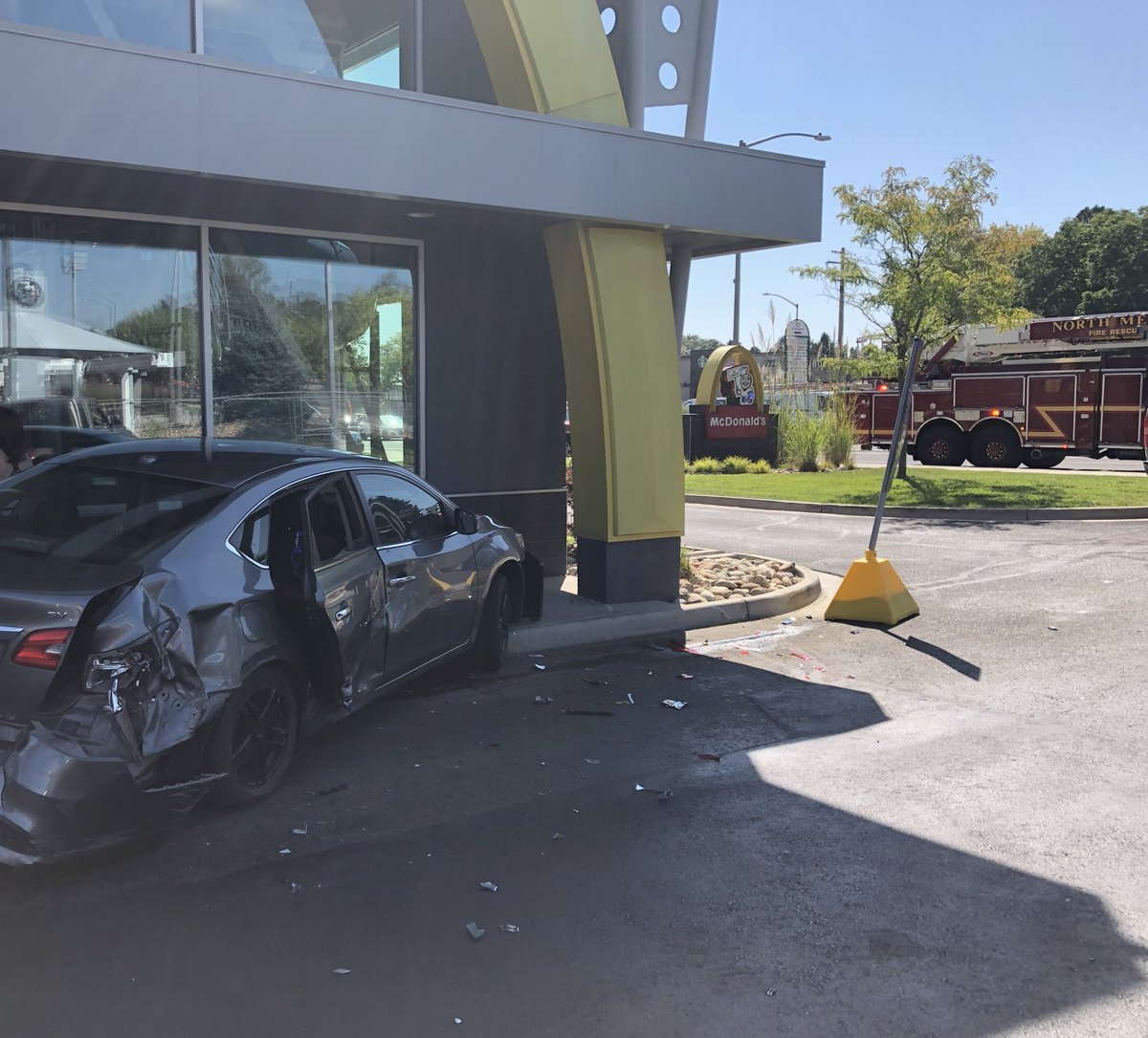 NMFirePIO's tweet photo. North Metro Fire is working an injury accident with a vehicle into a Bldg and 104 and Huron area.   Crews on scene determining if the structure is stable. https://t.co/B3dbo5l0yO