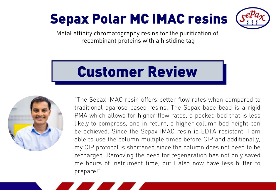Sepax's tweet photo. Sepax just released new Polar MC IMAC resins for the FASTER purification of recombinant proteins with a histidine (His) tag.  CIP time can also be shortened as the resin does not need to be recharged. Read more here:  https://t.co/TD6sobmiOM https://t.co/XTvN7bCrZg