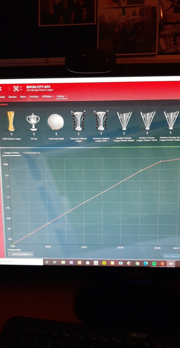 Dan11Hunt's tweet photo. Here's a look in to my @RiponCityAFC save on #footballmanager2018. Year is 2028. Ripon are in the Premier League and Champions League. Upcoming games, current league standings and trophies won. The dream! https://t.co/K1YSvTJ3ff
