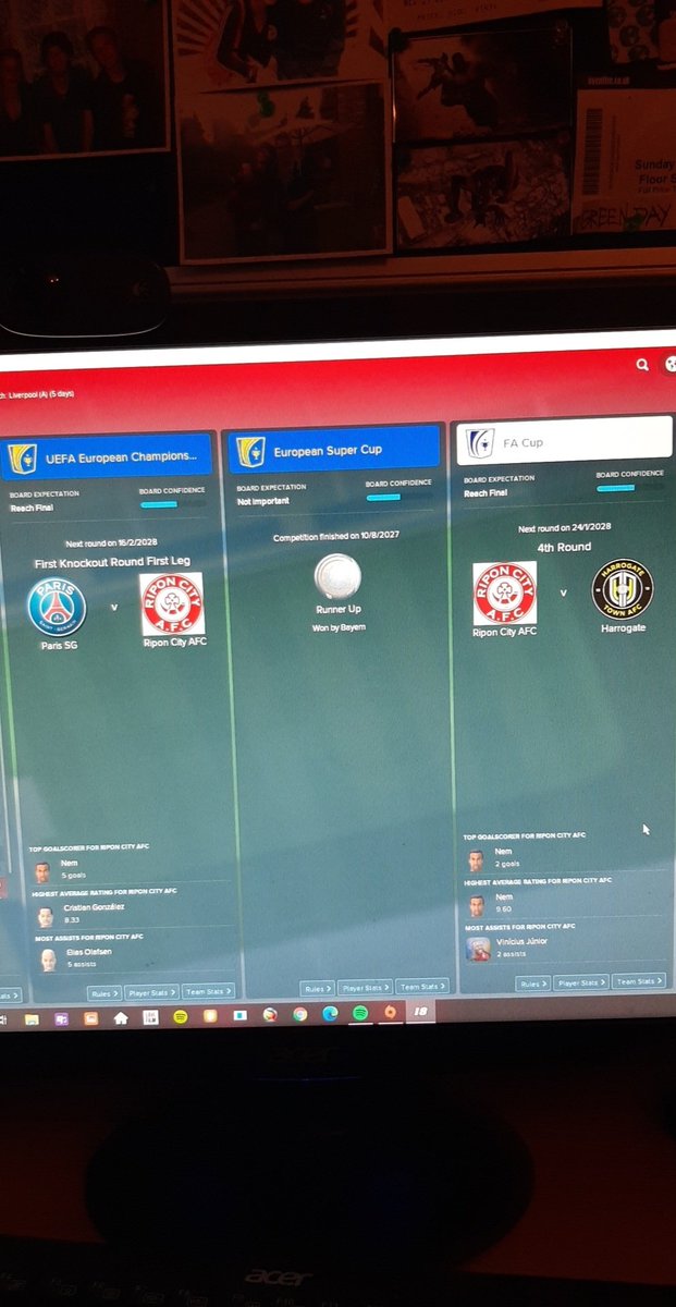 Dan11Hunt's tweet photo. Here's a look in to my @RiponCityAFC save on #footballmanager2018. Year is 2028. Ripon are in the Premier League and Champions League. Upcoming games, current league standings and trophies won. The dream! https://t.co/K1YSvTJ3ff