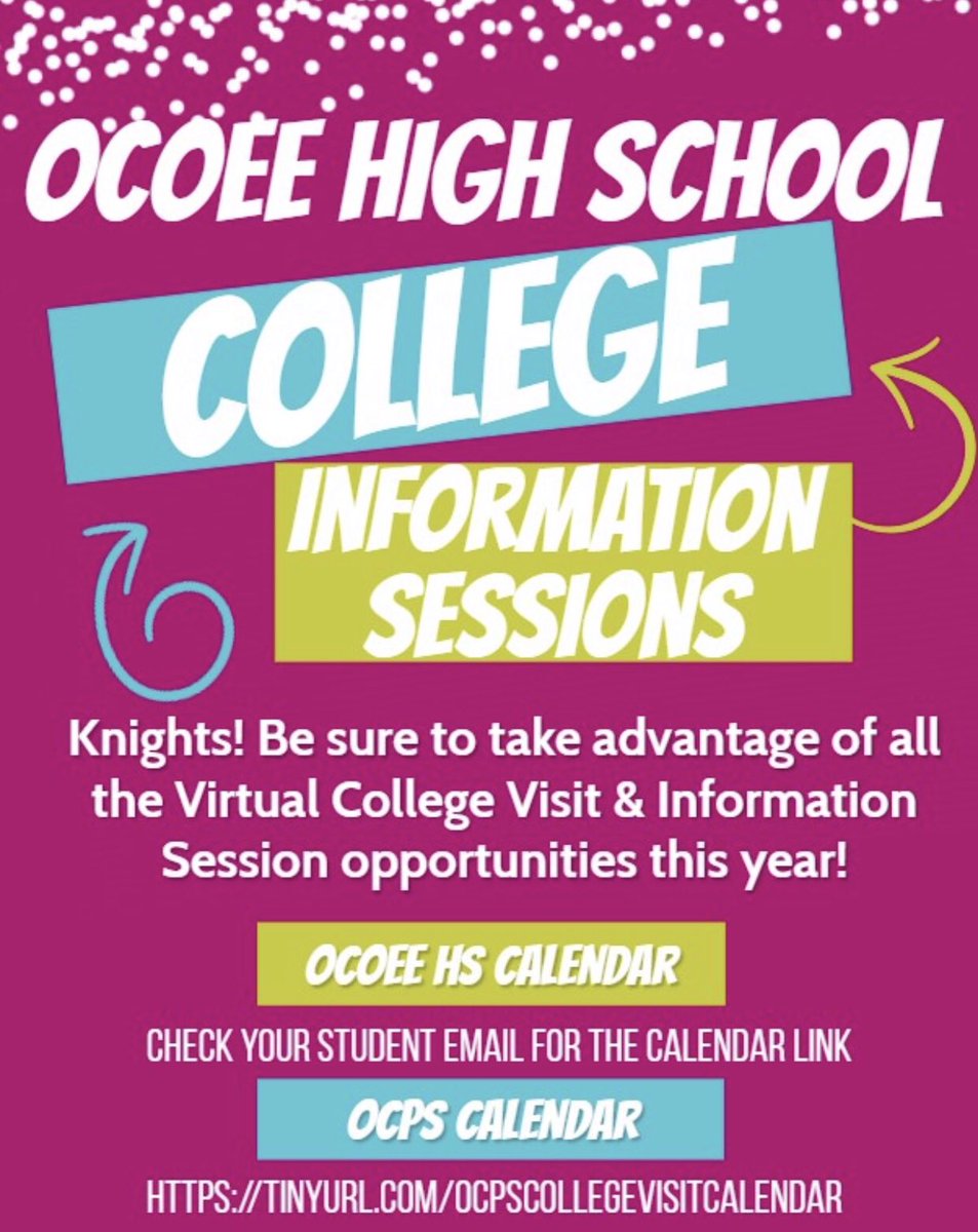 Ocoee_CCC's tweet photo. Knights! Take advantage of the College Visits &amp; Info Sessions that have been organized for you this year! #knightsthinkahead #knightnAtion #knightsgo2college #thisisocoee https://t.co/hEd4g1rGzt