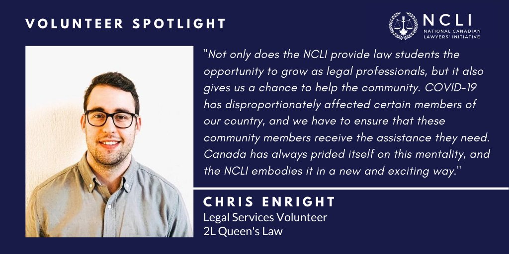 Today’s #VolunteerSpotlight is on 2L Queen’s Law student, Chris Enright. He is currently a Legal Services Volunteer at NCLI.

Our thanks to Chris for his efforts towards the #a2j mission!

#a2j #a2jcanada #lawyerscanada #volunteercanada