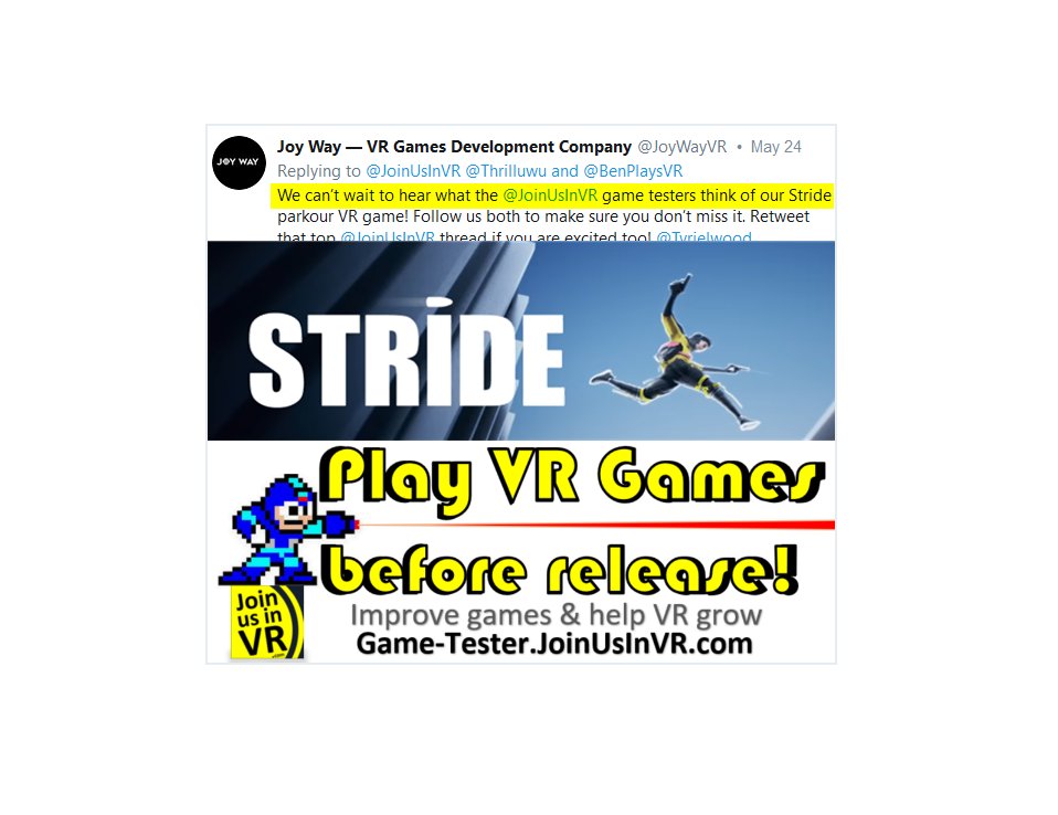 JoinUsInVR's tweet photo. Who wants to play STRIDE today?
1️⃣ Like+Follow+Retweet @JoinUsInVR
2️⃣ Click #GIVEAWAY channel at https://t.co/Msu4HDyK4m

I know @Thrilluwu, @BenPlaysVR , @matteo311 , @SteveKnowsVR does!  Thank you @JoyWayVR for such a Joy-Play! https://t.co/fdKs8Zjyri