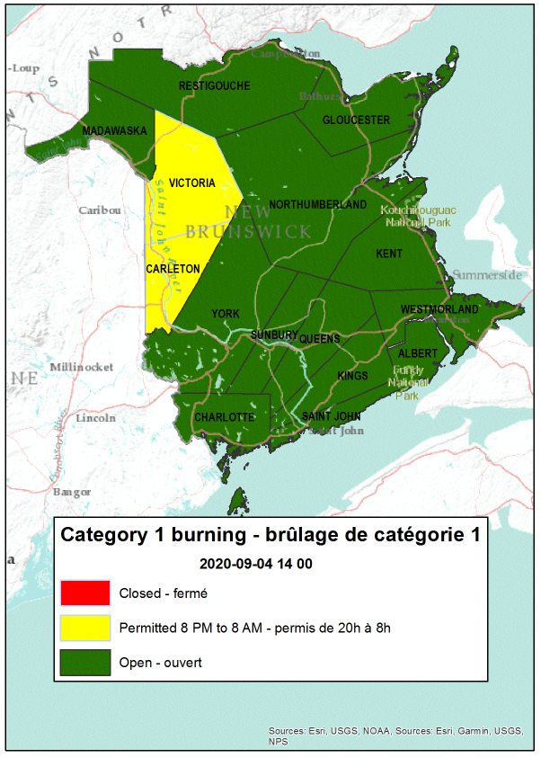 Burning conditions are valid from 2 PM September 4th to 2 PM September 5th.

Between 8 PM and 8 AM burning is permitted in the following counties: Victoria, Carleton

All other counties are open for burning