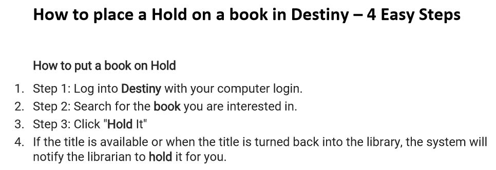 Want to Check Out a Book?  Place it on Hold and it will be delivered to your classroom. See the 4 easy steps below:  #SCHSweareone #thehumblelibrarian