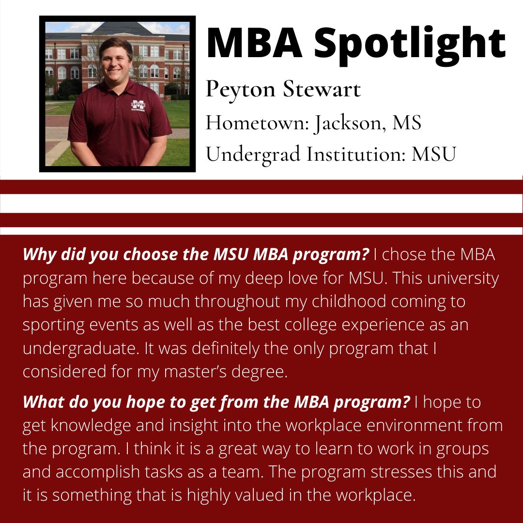 MSStateMBA's tweet image. Happy Maroon Friday! Our student spotlight today is Peyton Stewart! Peyton is a Jackson, MS native, and he got a degree in Finance from MSU. Check out why he chose the MSU MBA program! #msstatemba

Learn more about the MSU MBA Programs at buff.ly/2C47pek