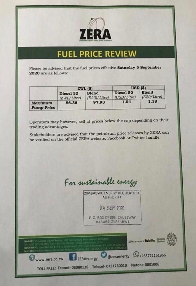 Fuel prices effective 05.09.20

<a href="/ZBCNewsonline/">ZBC News</a> <a href="/mazeti1/">Edington Tapera</a> <a href="/HeraldZimbabwe/">The Herald Zimbabwe</a> <a href="/InfoMinZW/">Ministry of Information, Publicity & Broadcasting</a> <a href="/official_MOEPD/">Ministry Of Energy And Power Development</a> <a href="/SundayMailZim/">The Sunday Mail (Zimbabwe)</a> <a href="/ZiFMStereo/">ZiFM Stereo</a> <a href="/StarfmZimbabwe/">Star FM</a> <a href="/ChronicleZim/">The Chronicle</a> <a href="/ManicaPostZim/">The Manica Post</a> <a href="/FingazLive/">The Financial Gazette</a> <a href="/DailyNewsZim/">@DailyNewsZim</a> <a href="/263Chat/">263Chat.com 🇿🇼</a> <a href="/NewsDayZimbabwe/">NewsDay Zimbabwe</a>