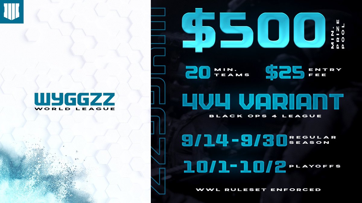 WWL_League's tweet photo. It is time for our Black Ops 4 League!

- 4v4 Variant BO4 League
- No Stim ( Lower Time To Fully Heal )
- $25.00 Entry Fee | $500 Prize Pool (+/-)
- WWL Ruleset / GA's Enforced / No Specialists
- PS4 League

DM Us For Further Questions and to get PayPal Link For Entry #WWL https://t.co/jRFep1MOwg