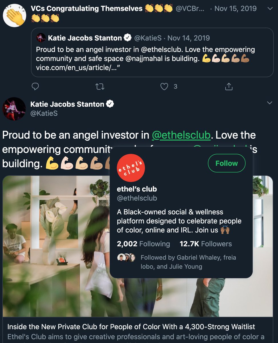 In this one  @KatieS made the mistake (according to  @VCBrags) of angel-investing in  @ethelsclub and then mentioning it