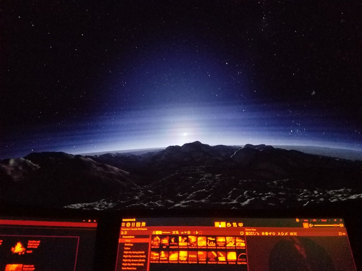 PlanetariumCT's tweet photo. Sunrise over Pluto, from our newest show Edge of Darkness by Evans &amp; Sutherland.
#Space #Astronomy #Pluto #NewHorizons #Digistar https://t.co/VLvwZqBtC5