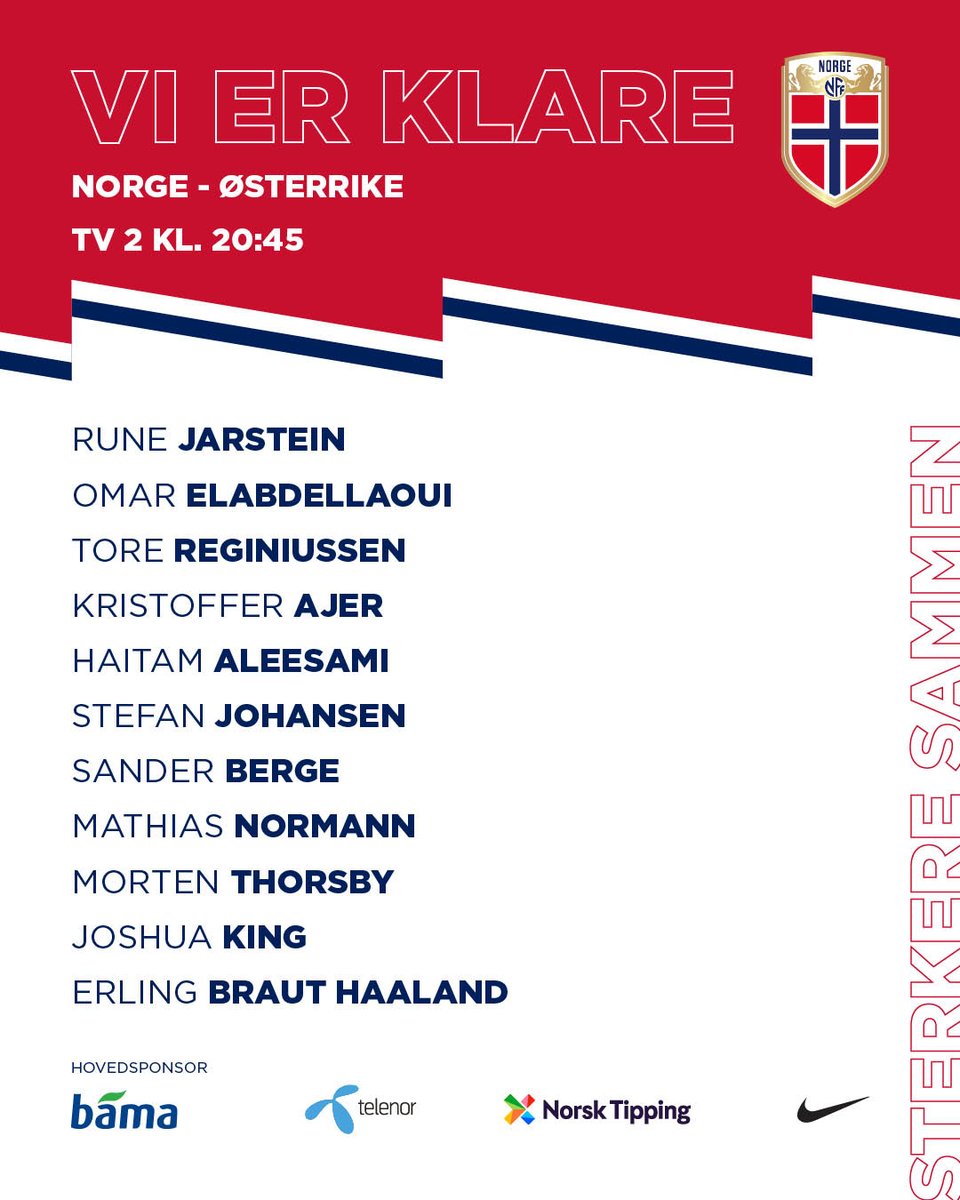 Her er kveldens 11 utvalgte 🇳🇴 

Hør hva Lagerbäck sier om laget på: 
fotball.no/kampprogram

#sterkeresammen