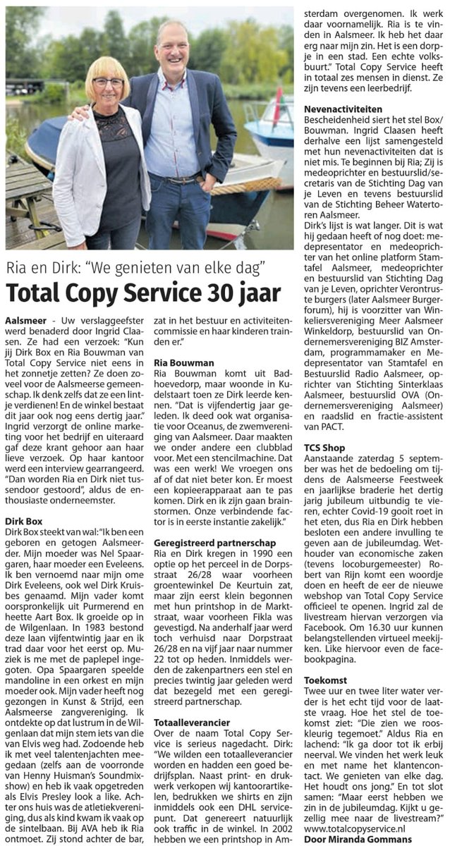 Tcsshop1's tweet photo. @Nieuwe_Meerbode #Aalsmeer en journalist @TekstEnKantoor  ontzettend bedankt voor de redactionele aandacht in de #krant deze week. Ontvangen leuke reacties van de lezers / inwoners!

https://t.co/wZZnz8G57C

#interview #nieuwemeerbode #Aalsmeer #Amsterdam #TCSSHOP #30jaar #MKB https://t.co/7ZNdj1pIMe