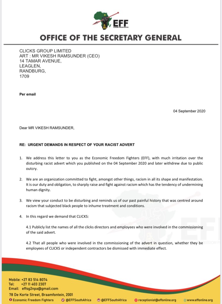 EFFSouthAfrica's tweet photo. @Clicks_SA We demand that the below must be executed within the next 24 hours, and confirmation be put in writing. https://t.co/F8H2IEy3t0