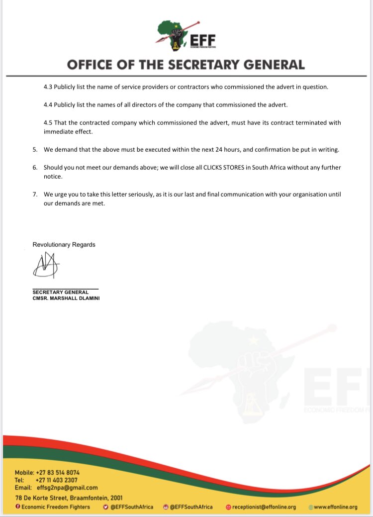EFFSouthAfrica's tweet photo. @Clicks_SA We demand that the below must be executed within the next 24 hours, and confirmation be put in writing. https://t.co/F8H2IEy3t0