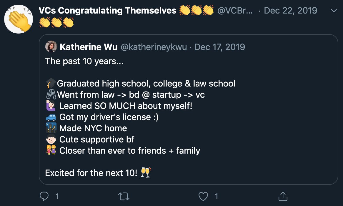 Any kind of personal growth message could garner  @VCBrags' ire @pasql got any idea why the account dunked on  @katherineykwu in particular so disproportionately? what was the deal there?
