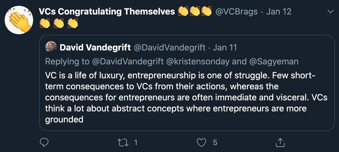 How about  @DavidVandegrift's thoughts on industry dynamics — where's the ostensible arrogance?  @VCBrags do you disagree that entrepreneurs are closer to the ground? Seems like an anodyne analysis, not sure what the issue was here...