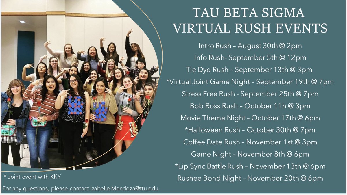 TBSBeta's tweet photo. Beta Chapter’s Virtual Rush Season schedule is finalized and ready to ramp up! Save these dates to your calendar and invite your friends! 

Each event will be accompanied by a Zoom link and event description, so stay tuned for those! https://t.co/SumSI6Bll3