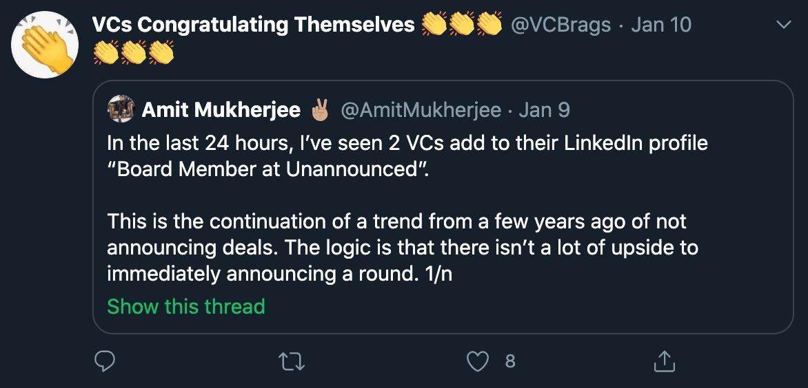 You could get targeted for any random thing.  @pasql can you ask  @VCBrags how on earth this observation by  @AmitMukherjee counted as bragging?