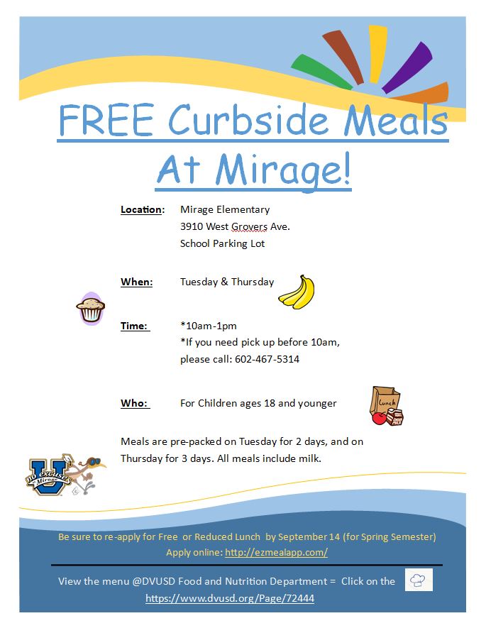 FREE Meals are back! Stop by the Mirage parking lot every T and Th from 10am-1pm to pick up meals for kids 18 and younger! <a href="/DVUSDnutrition/">DVUSD Food&Nutrition</a> <a href="/DVUSD/">Deer Valley Unified School District</a> <a href="/jlwilber1/">Jamie Wilber</a>
