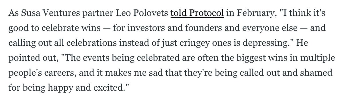 Side note, I think  @lpolovets nailed it in commentary to Protocol.  @VCBrags represents a culture problem that tech needs to grow past. https://www.sonyasupposedly.com/vcbrags/ 