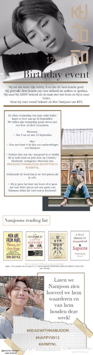 JaniceBoo4's tweet photo. Hi Army~💜RM’s birthday is coming up. We’ve planned an online reading and sharing event. You can find more ifo in our poster. Remember to tag #READWITHNAMJOON #HAPPY0912 #ARMYNL when you post on social media. You can find a link in the comments.
#BTS #ARMY #RM #KimNamjoon https://t.co/pR5OG5ze8Y