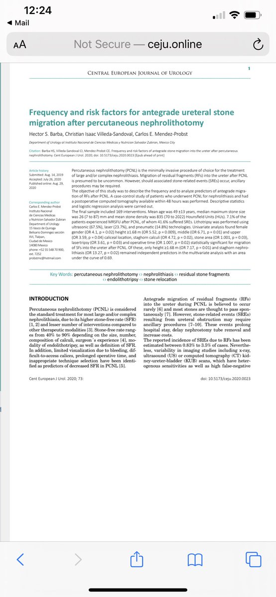 urohectorsbarba's tweet photo. One of my publications is ahead of print. We identified predictors of kidney stone relocation into the ureter. https://t.co/uwiteQKdQu