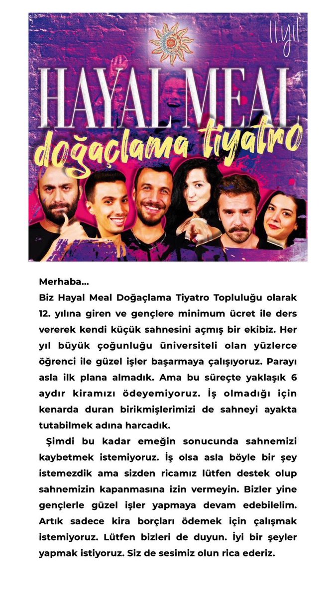 Sahnemizi kurtarmak sanata biraz olsun değer veren herkesten destek bekliyoruz🙏🏻 Orası sizin, bizim, hepimizin❣️ <a href="/ekrem_imamoglu/">Ekrem İmamoğlu</a> <a href="/kadikoybelediye/">Kadıköy Belediyesi</a> <a href="/istanbulbld/">İstanbul Büyükşehir Belediyesi</a> #sanatıkurtarın #tiyatrosuzolmaz <a href="/okanbayulgen/">okan bayulgen</a> <a href="/mert__firat/">Mert FIRAT</a> <a href="/acunilicali/">Acun Ilıcalı</a> <a href="/sevketcoruh_/">Şevket Çoruh</a> <a href="/nlgnblgn/">Nilgün Belgün</a> <a href="/demetakbag/">Demet Akbağ</a> <a href="/dmtevgar/">Demet Evgâr</a>
