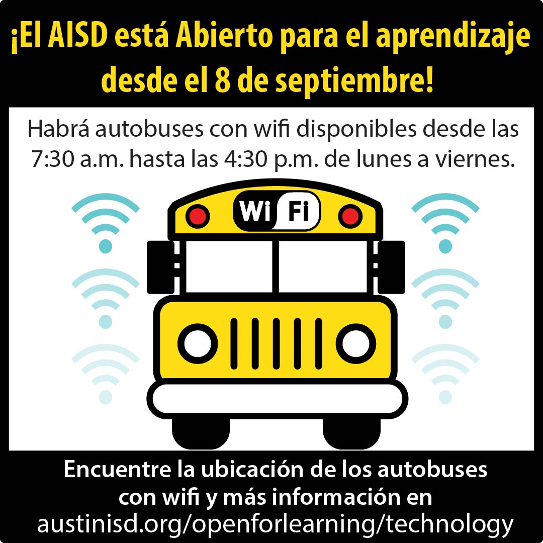 AISD will continue to use Wi-Fi-enabled <a href="/AISDbuses/">AISD Transportation</a> to provide free internet access to students. Beginning Tuesday, Sept. 8 until October 5, Wi-Fi buses will be available: from 7:30 a.m. to 4:30 p.m., Monday through Friday.

austinisd.org/announcements/…

#AISDProud #WeAreAISD