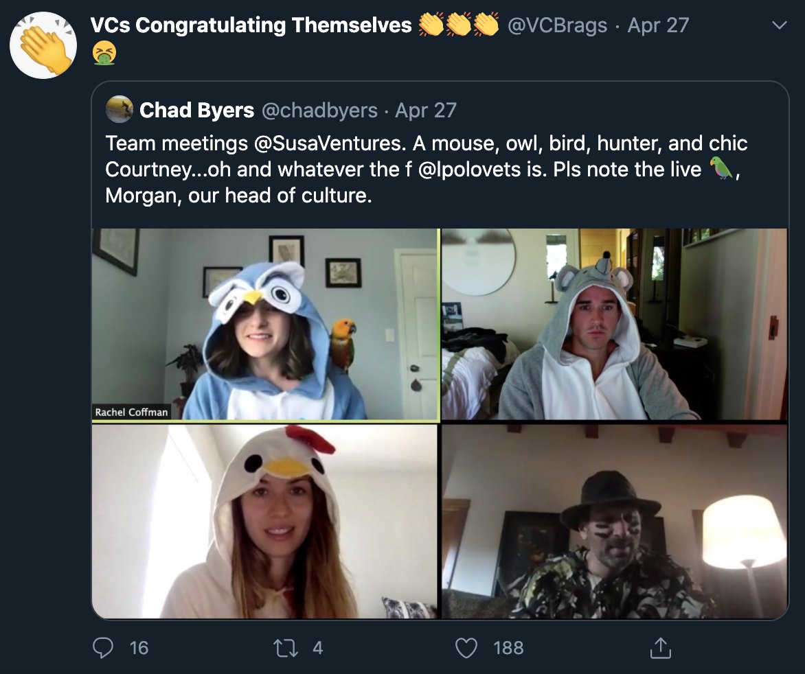 VCBrags hates fun, unironically.  @chadbyers,  @lpolovets, and crew earned a vomit emoji (?!) for dressing up: