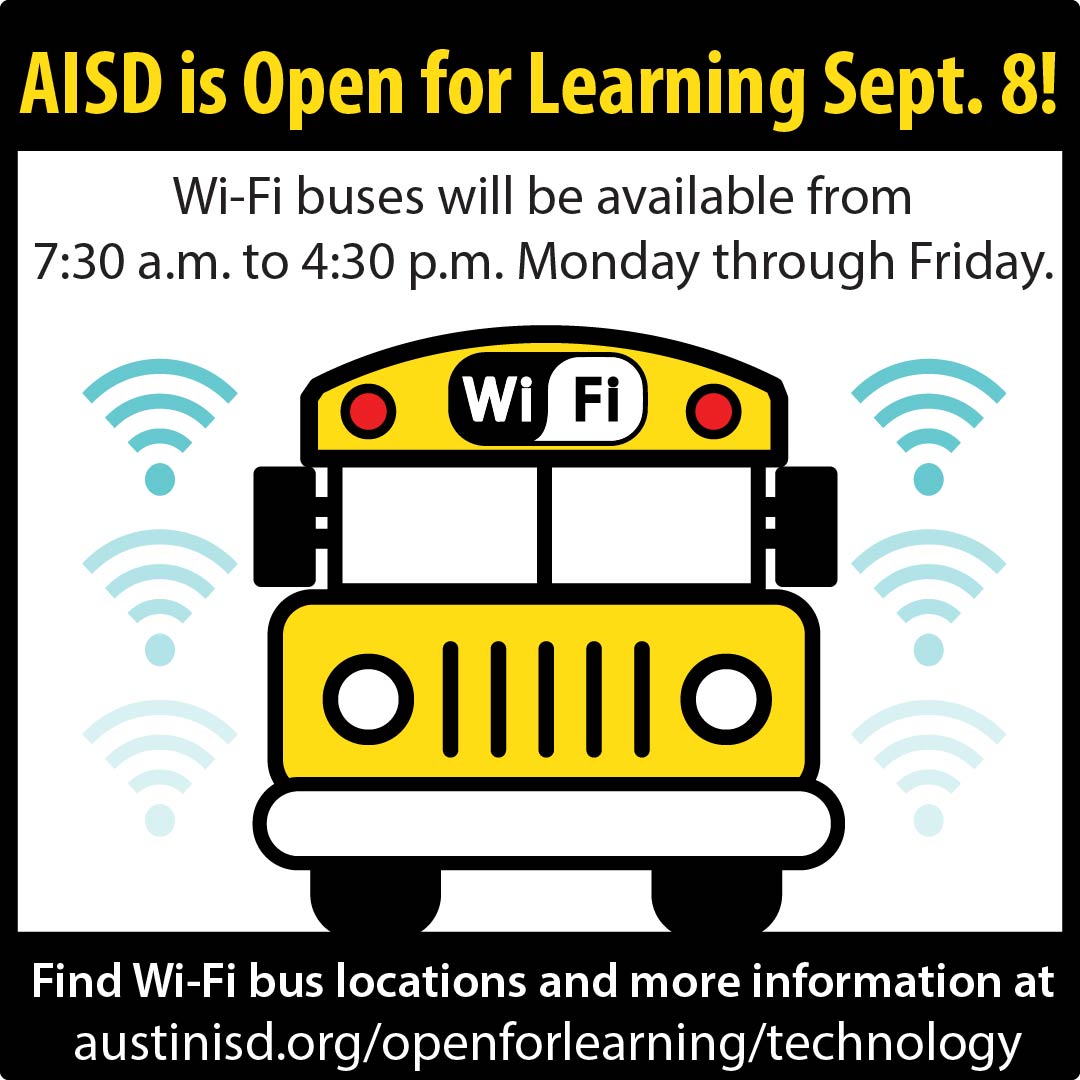 El AISD seguirá utilizando autobuses equipados con wifi para proveerles acceso gratuito al internet a los estudiantes. Desde el martes, 8 de septiembre, habrá autobuses con wifi disponibles desde las 7:30pm hasta las 4:30pm, de lunes a viernes.
austinisd.org/announcements/…

#AISDProud