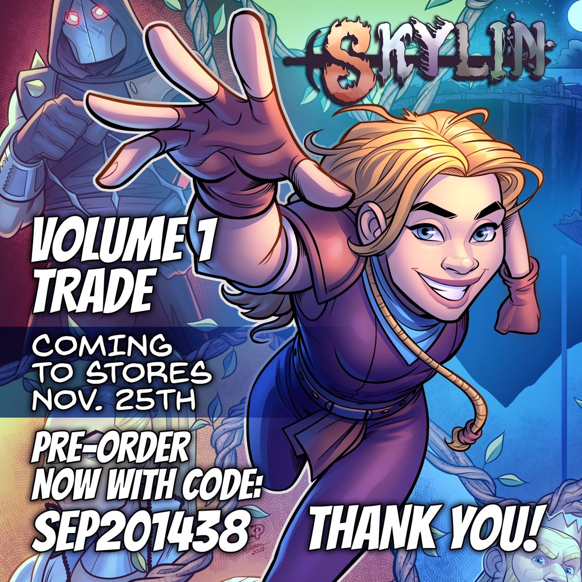 kyleP_Art's tweet photo. Coming to comic shops November 25th! The complete 1st volume of Skylin published by @SourcePtPress. Use the Previews World code SEP201438 to pre-order your copy with your local comic shop. Thanks so much guys! #skylin #skylincomic #fantasy #indiecomics #comic #comicart #art https://t.co/azTFlIs5sO