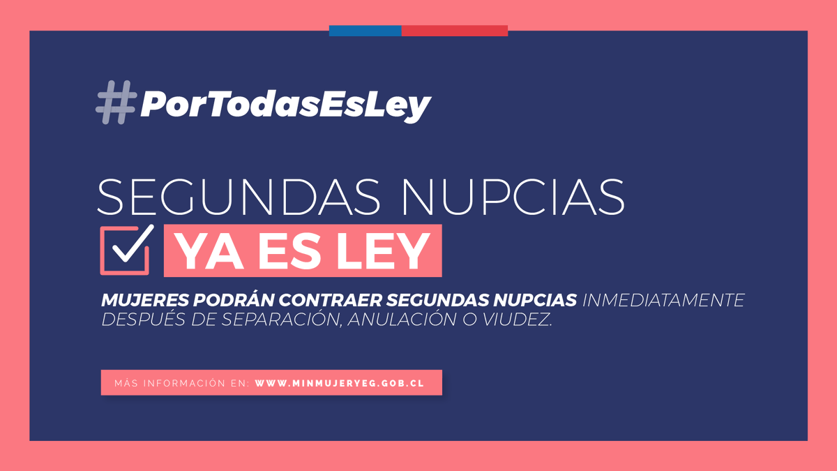 GobiernodeChile's tweet photo. Buenas noticias! 👏 ⚖️ Hoy se promulga la ley que elimina una norma discriminatoria que impedía a las mujeres contraer matrimonio inmediatamente disuelto el vínculo anterior. Hoy dimos un gran paso en el camino por el cambio cultural que Chile necesita. #PorTodasEsLey https://t.co/xC6pLdtvzE