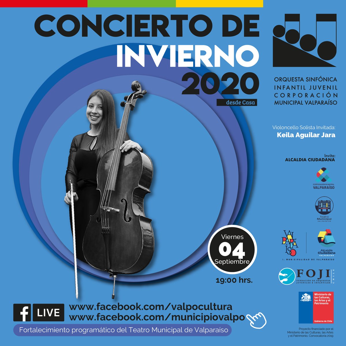 ¡HOY! a las 19:00 horas, #ConciertodeInvierno, a cargo de la Orquesta Sinfónica Infantil y Juvenil de la Corporación Municipal de Valparaíso #desdecasa como parte del proyecto “Fortalecimiento Programático del Teatro Municipal”.