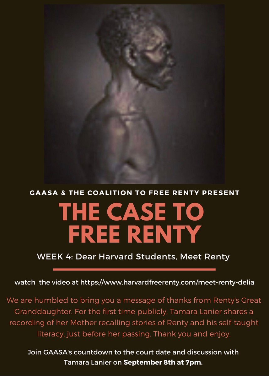HarvardGAASA's tweet photo. We are humbled to bring you a message from #Renty’s Great Granddaughter. For the FIRST time publicly, @tamaralanier shares a recording of her Mother recalling stories of Renty and his self-taught literacy, just before her passing. Thank you and enjoy!! 
#FreeRenty #dignity https://t.co/hqLANGn15j