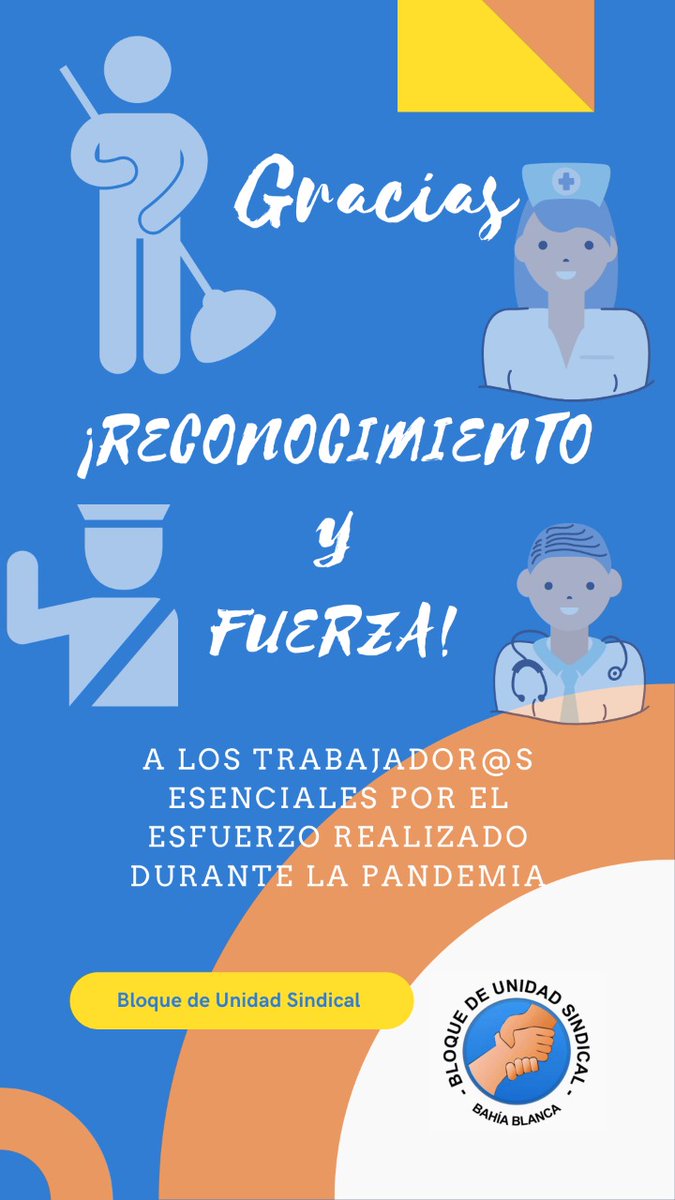 El bloque de unidad sindical de bahia blanca agradece el compromiso y el trabajo de todo el personal de la salud  y de todos los trabajadores esenciales en su conjunto que están realizando sus tareas diariamente y les damos el apoyo y la fuerza necesaria para seguir en la lucha