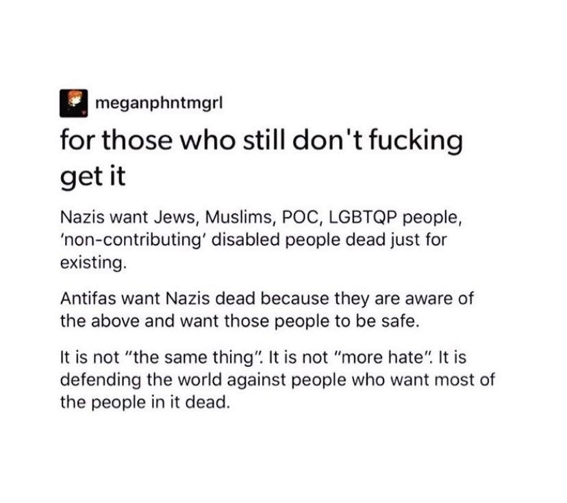 We were having this talk yesterday with <a href="/ess_west/">Ess Y</a> you are either antifascist or you’re fascist there’s no in between Any denial of ones human rights put you on the fascist side #BLM is a human rights movement this isn’t a difficult discussion Pick your side and stay there #Antifa