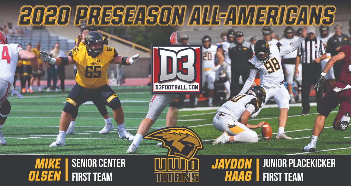 UWOshkoshTitans's tweet photo. .@UWOFootball junior placekicker Jaydon Haag and senior center Mike Olsen have been named to https://t.co/UFUmF70cqy's 2020 Preseason All-America Team ‼️ https://t.co/PXB2YbKjMb

#HailTitans https://t.co/YT80hCP27S